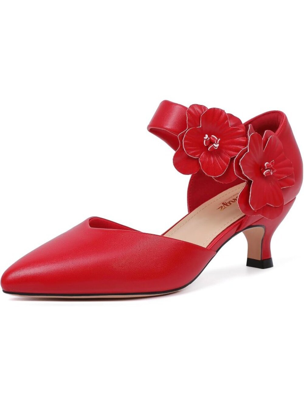 Women's Red Kitten Heels Closed Toe Slip On Comfortable Flower Shoes
